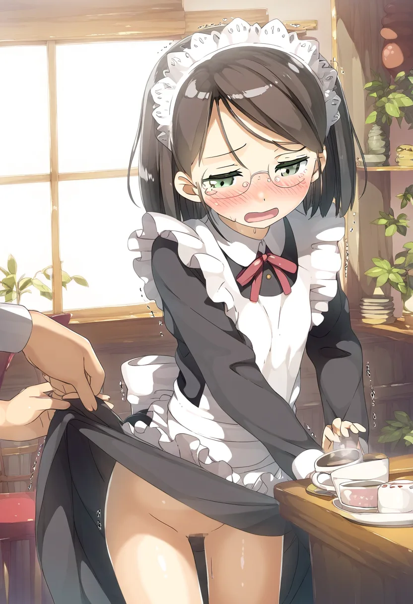 たくし上げられて見えてしまったメイドさん。