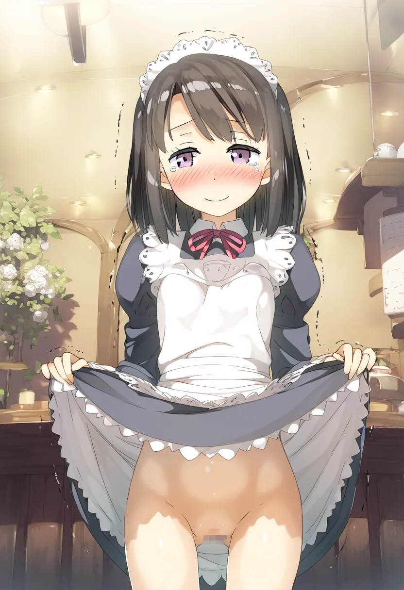 ちょっと涙目のメイドさんのたくし上げノーパン。