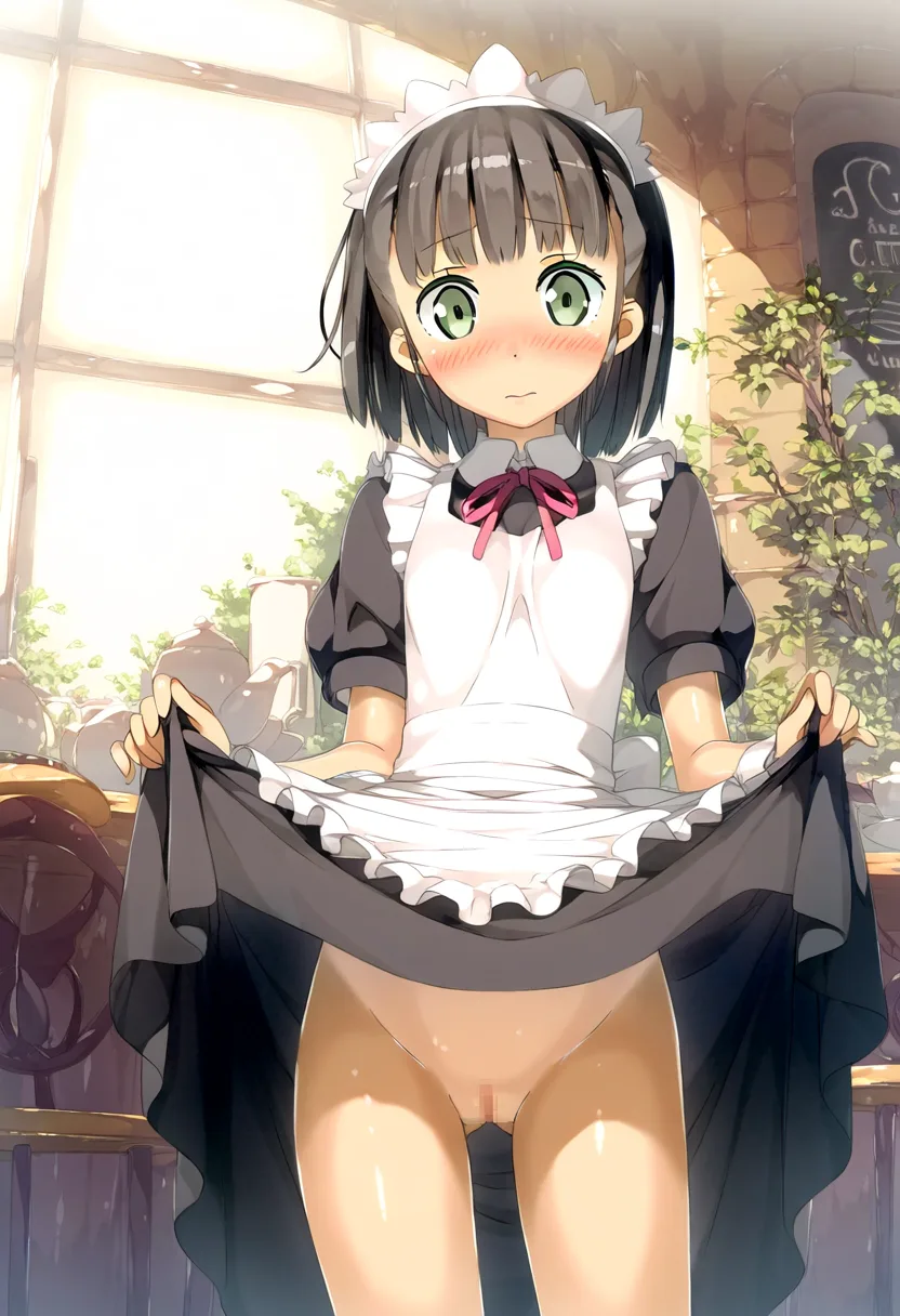 日焼けあとがエロいメイドさんのたくし上げ。