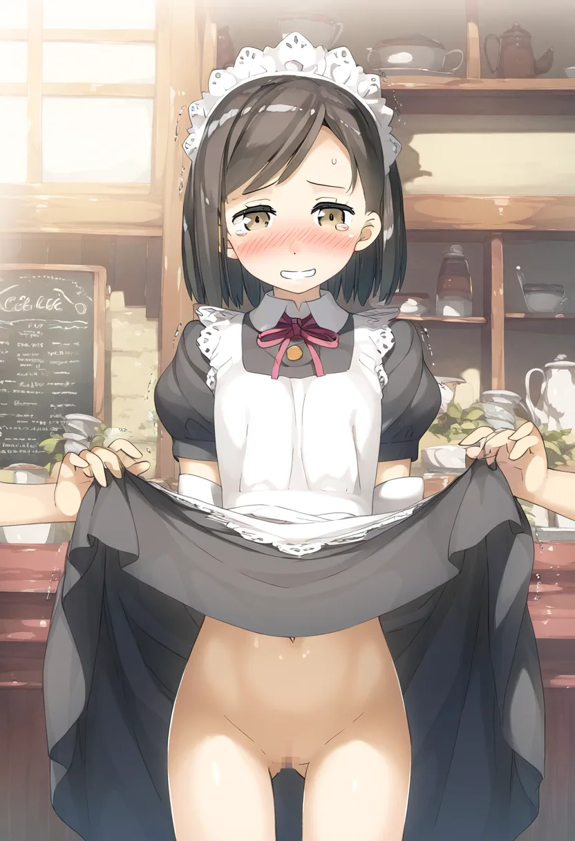涙目でたくし上げるフレンチメイドさん。