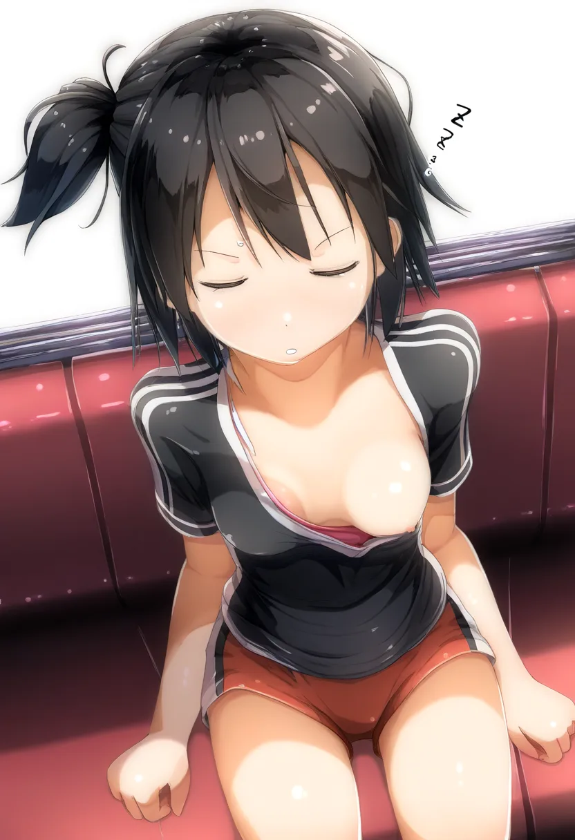 おっぱい丸出しで寝てる元気女子。