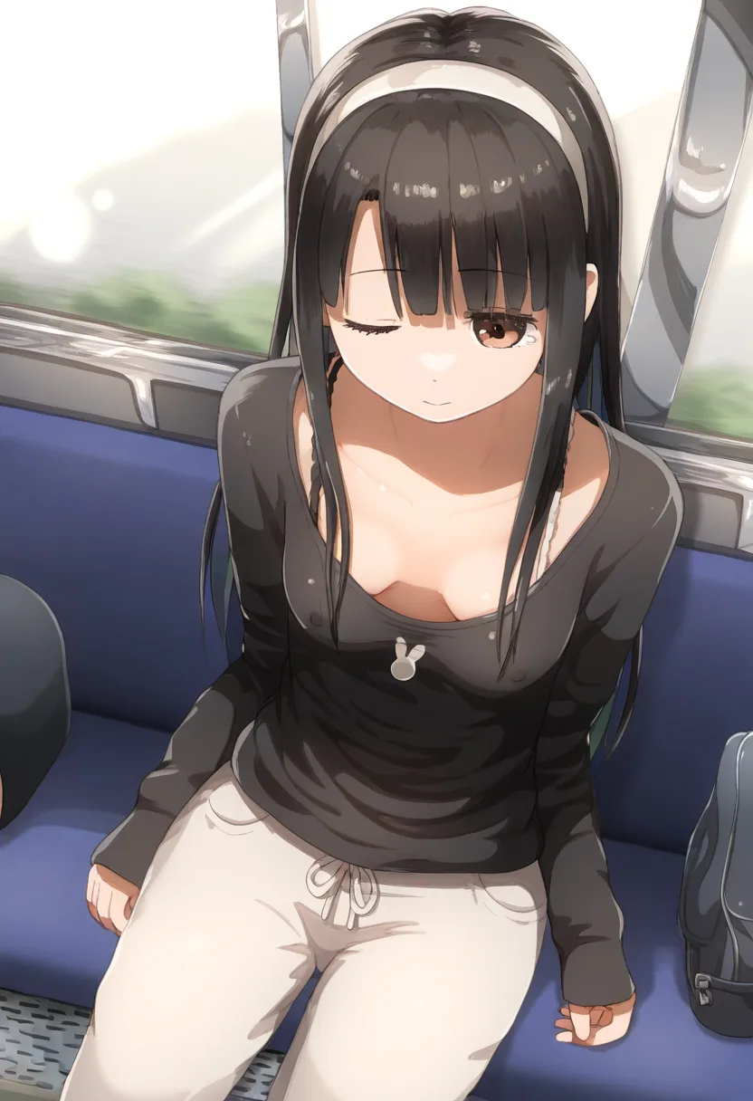 おっぱい丸出しで寝てる黒髪ぱっつん女子。