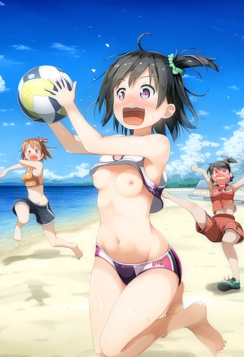 ジャンプした拍子に元気な彼女のおっぱいが溢れてしまう