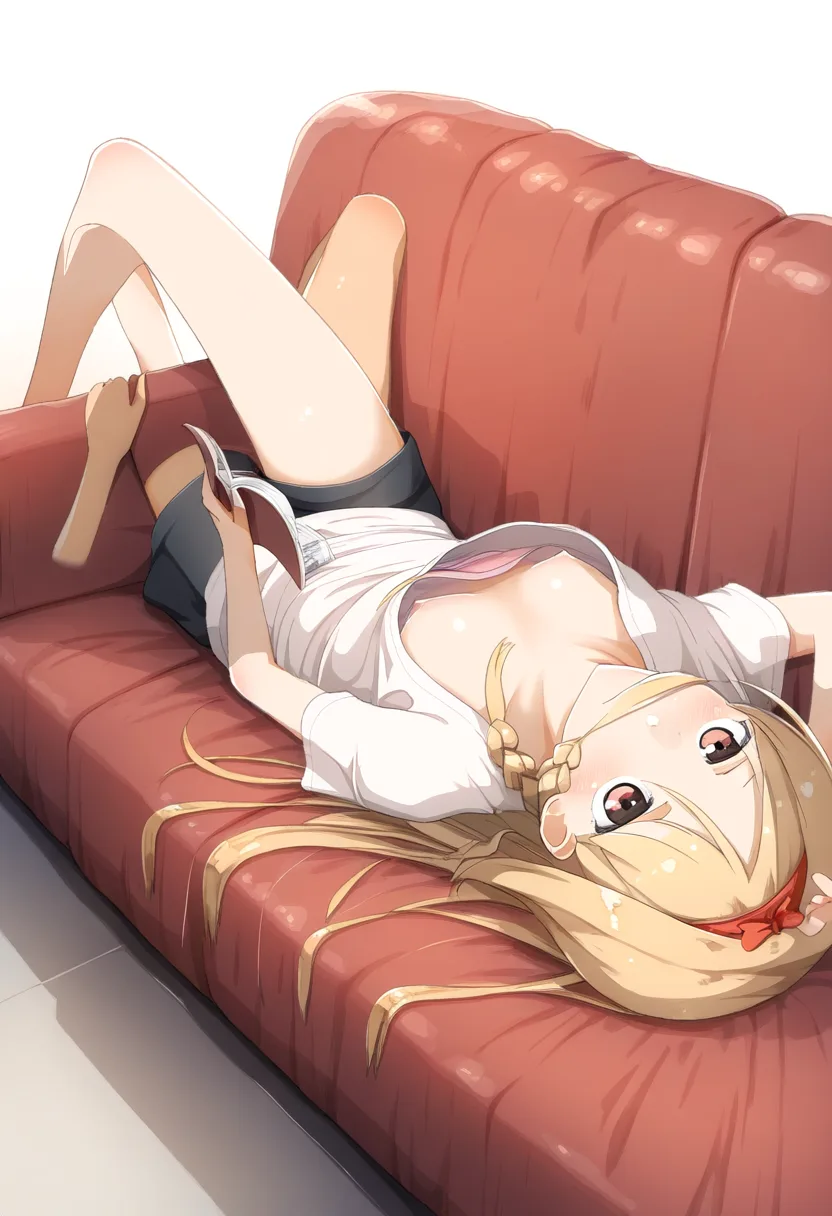 ソファーで胸ちらする金髪ロング女子