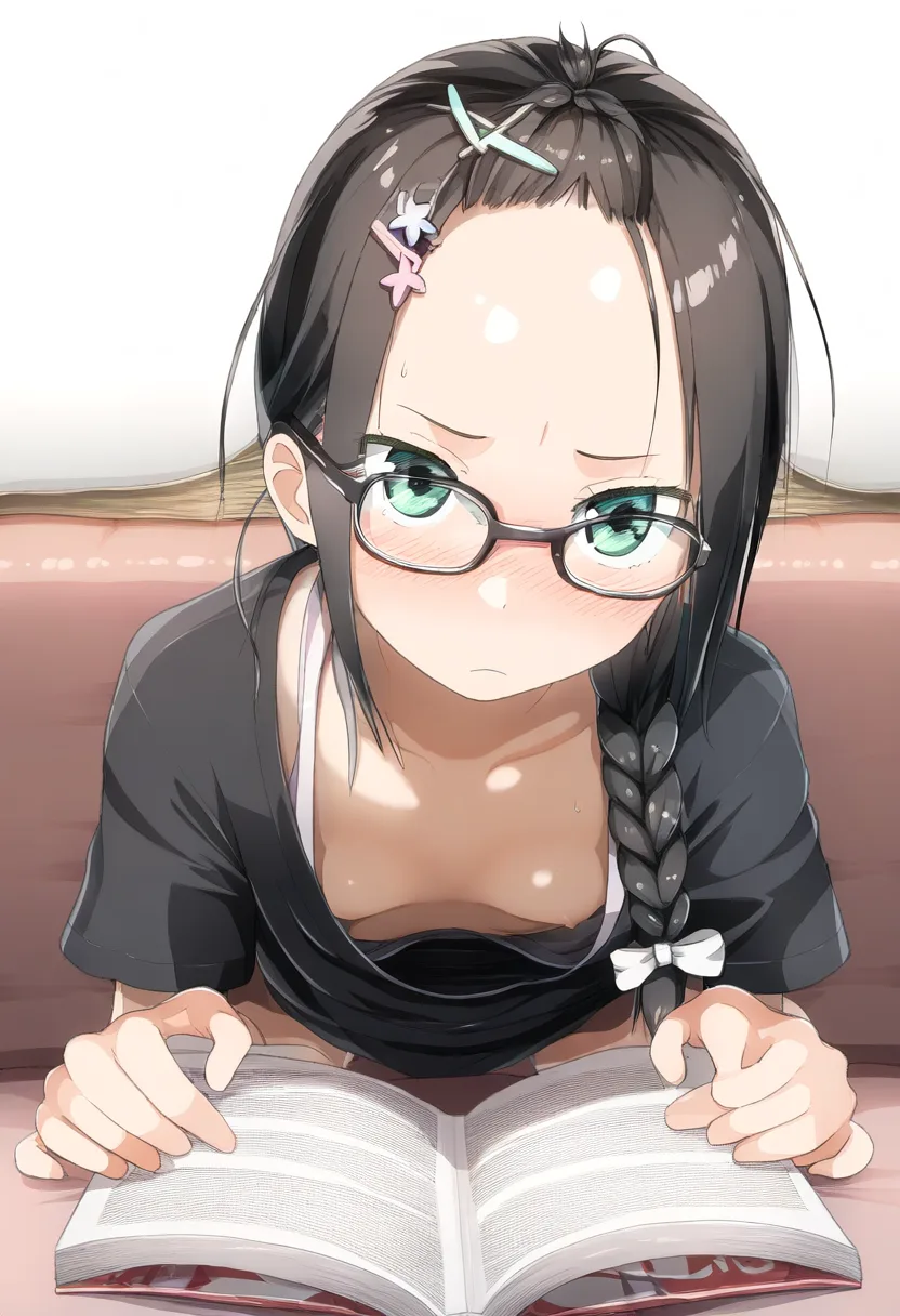ソファーに寝転がって胸ちらする黒髪眼鏡っ子