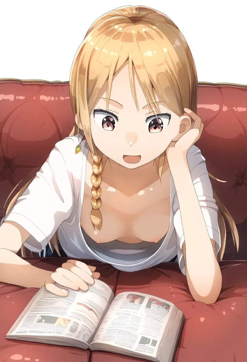 パツキン女子がソファーで胸ちら