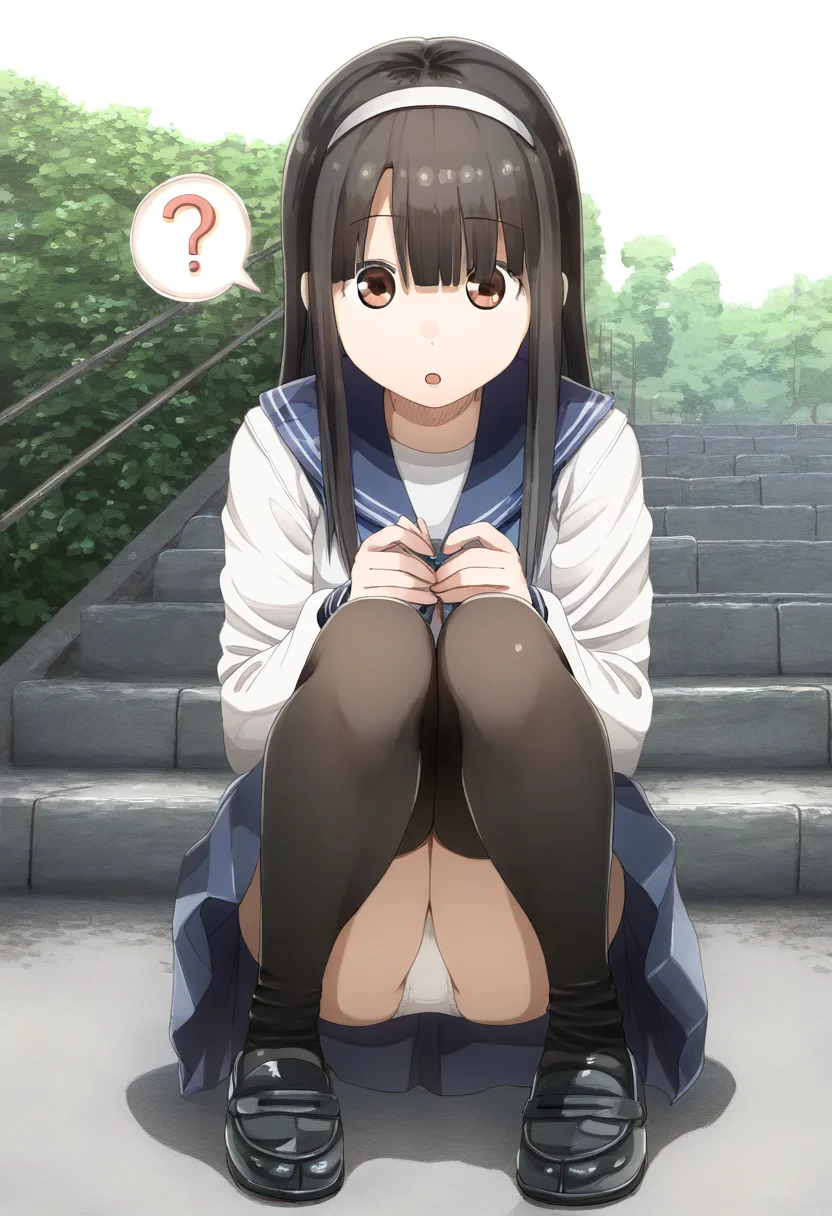 座ってるのでパンツが見えてるヘアバンドで長い髪を束ねた女子