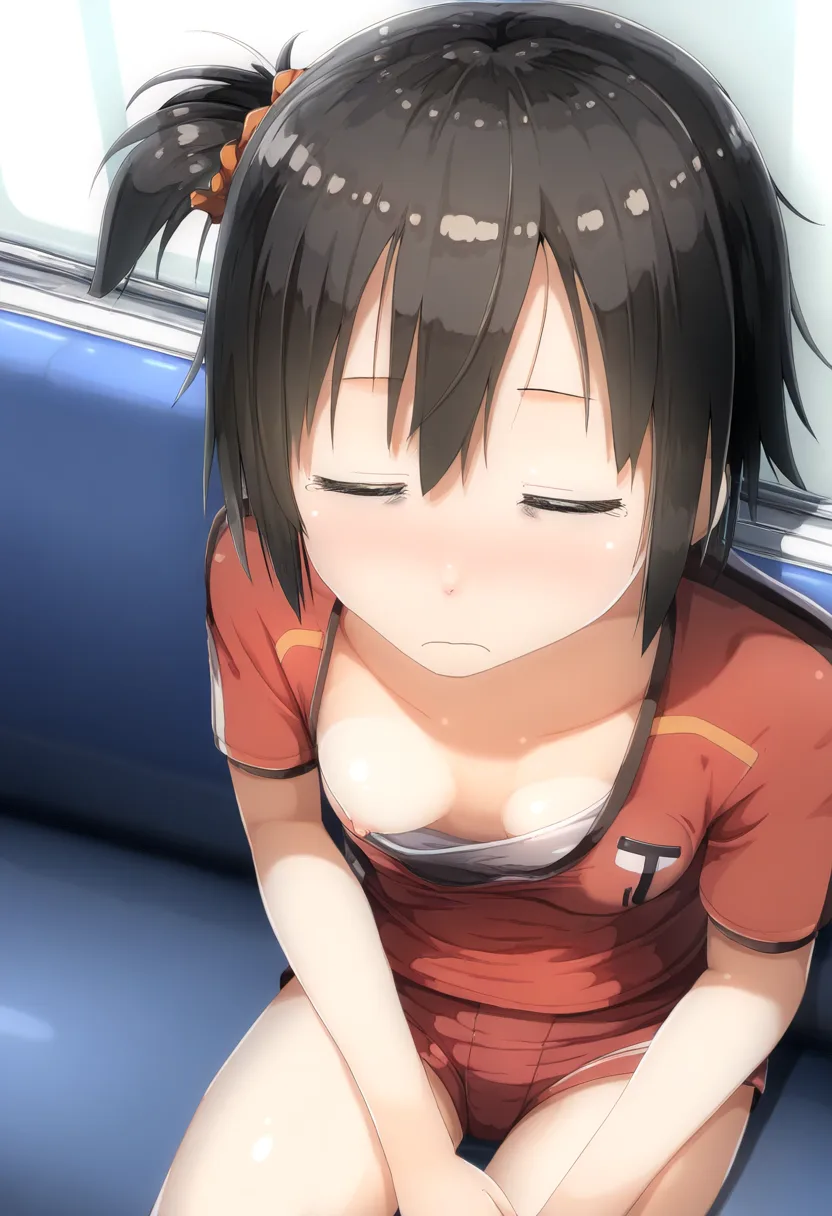 疲れて眠る元気女子のおっぱい見えてる
