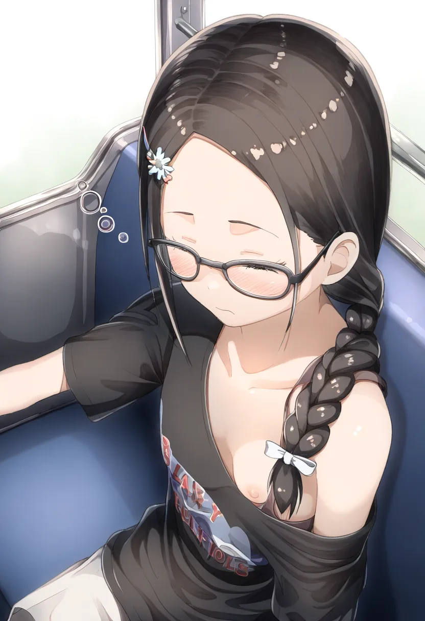 疲れて眠る眼鏡ガールのおっぱい見えてる