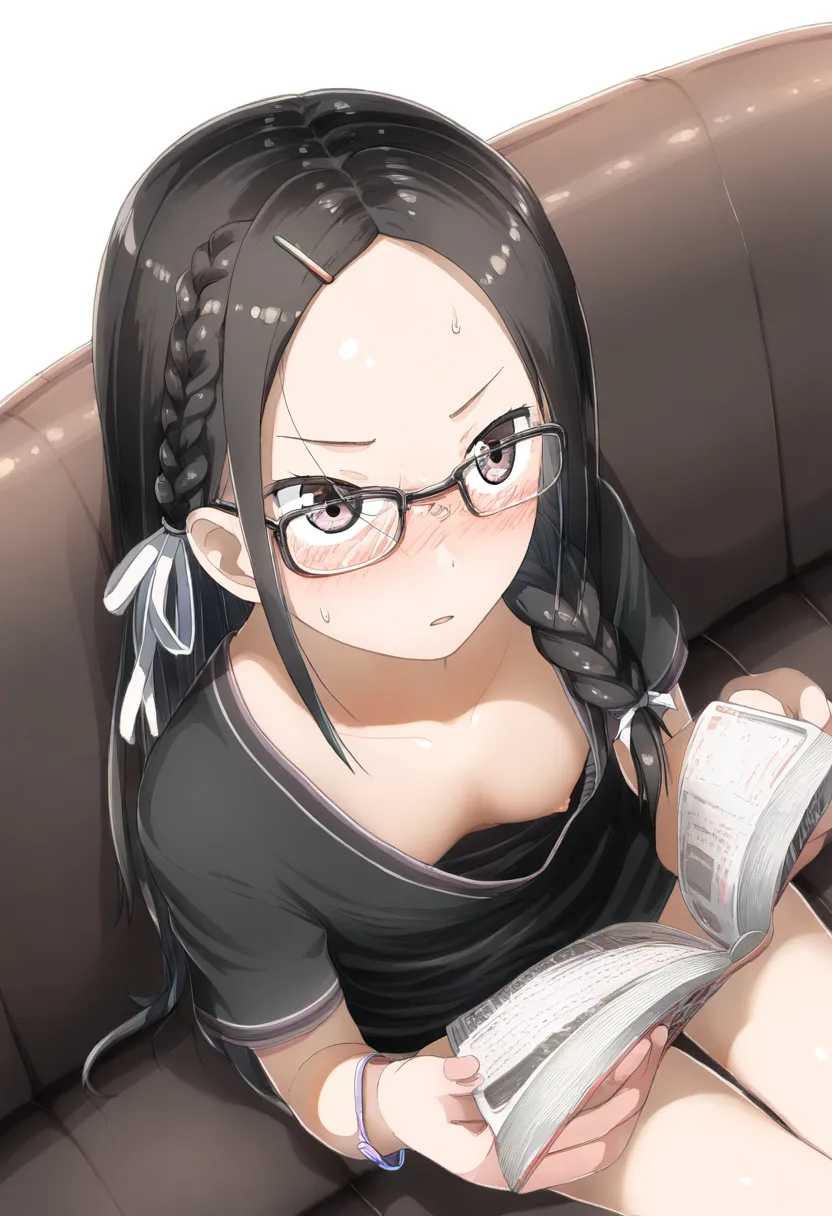 眼鏡っ子がソファーに寝転がって胸ちら