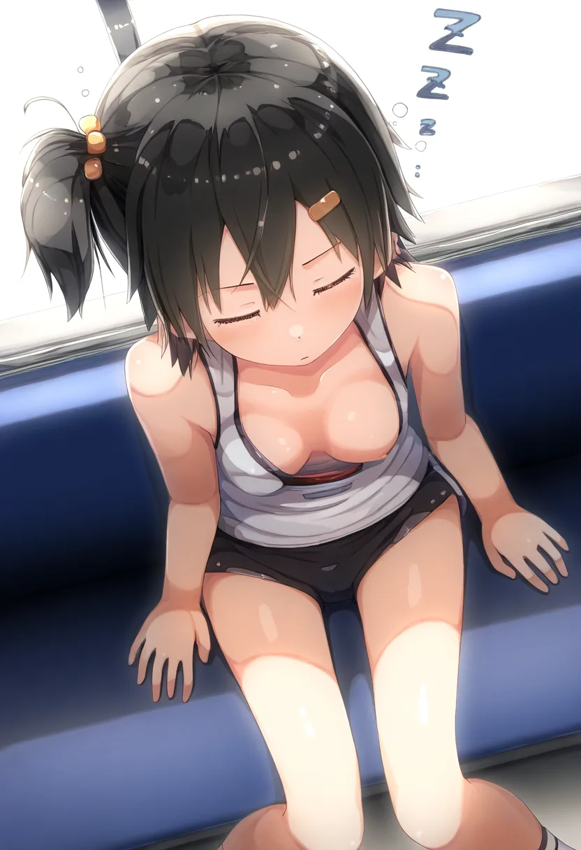 短髪元気女子。乳首見せて眠る。