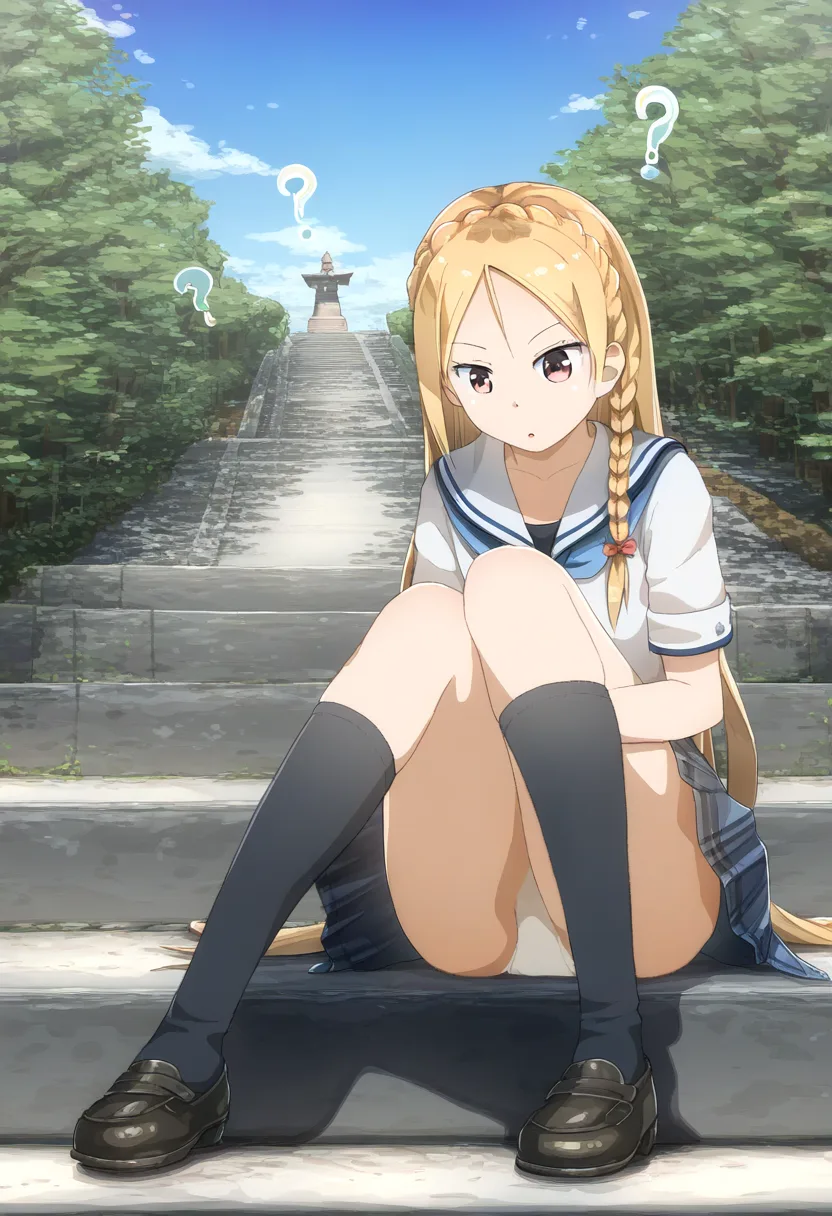 階段の上でパンツ見せてるパツキン女子