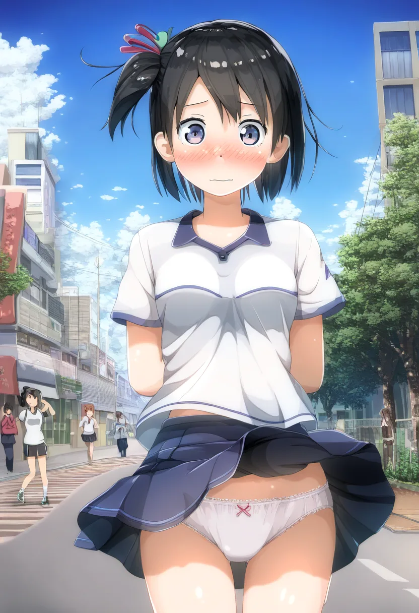 風でふわりなスカートの下にパンツが見えるサイドテールな彼女