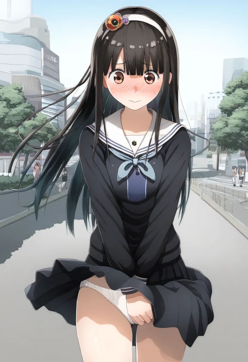 黒髪ロングストレート女子のパンツと恥じらう表情