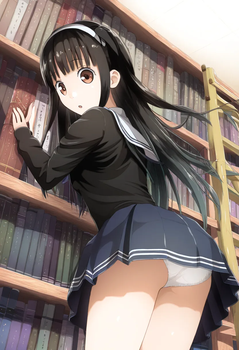 黒髪女子が本を取ろうとしてパンチラ