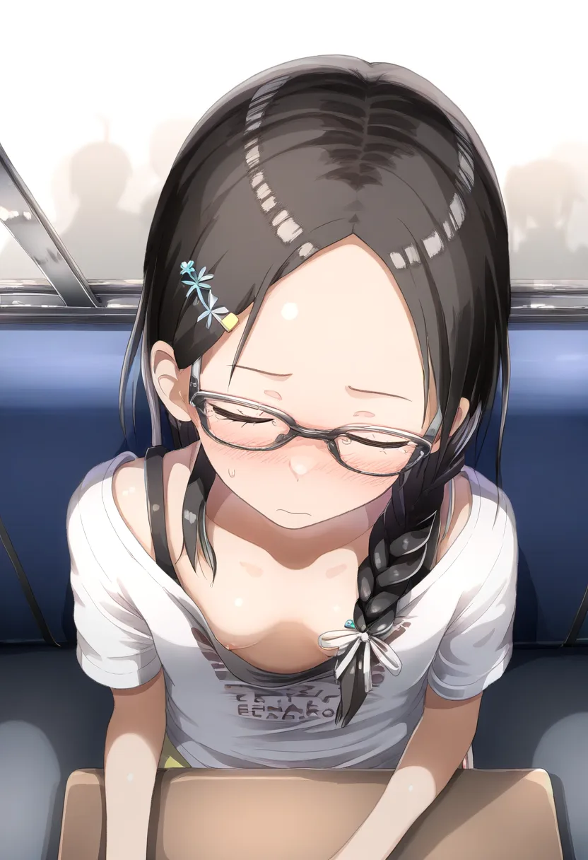 黒髪眼鏡ガール。乳首見せて眠る。