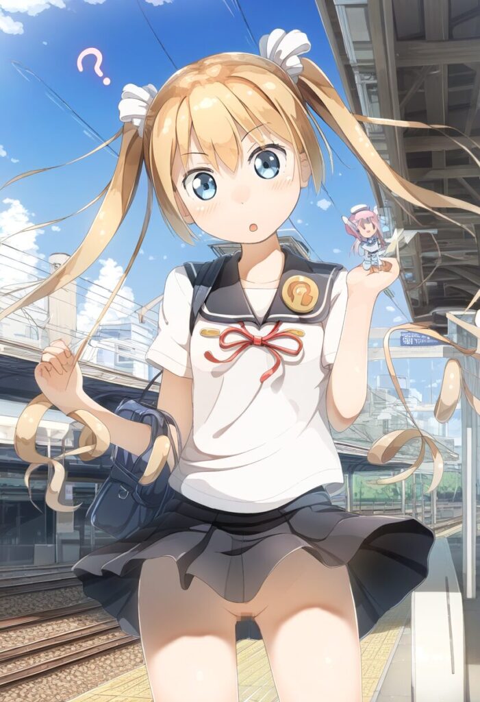 スカート捲れ上がる金髪ツインテ女子