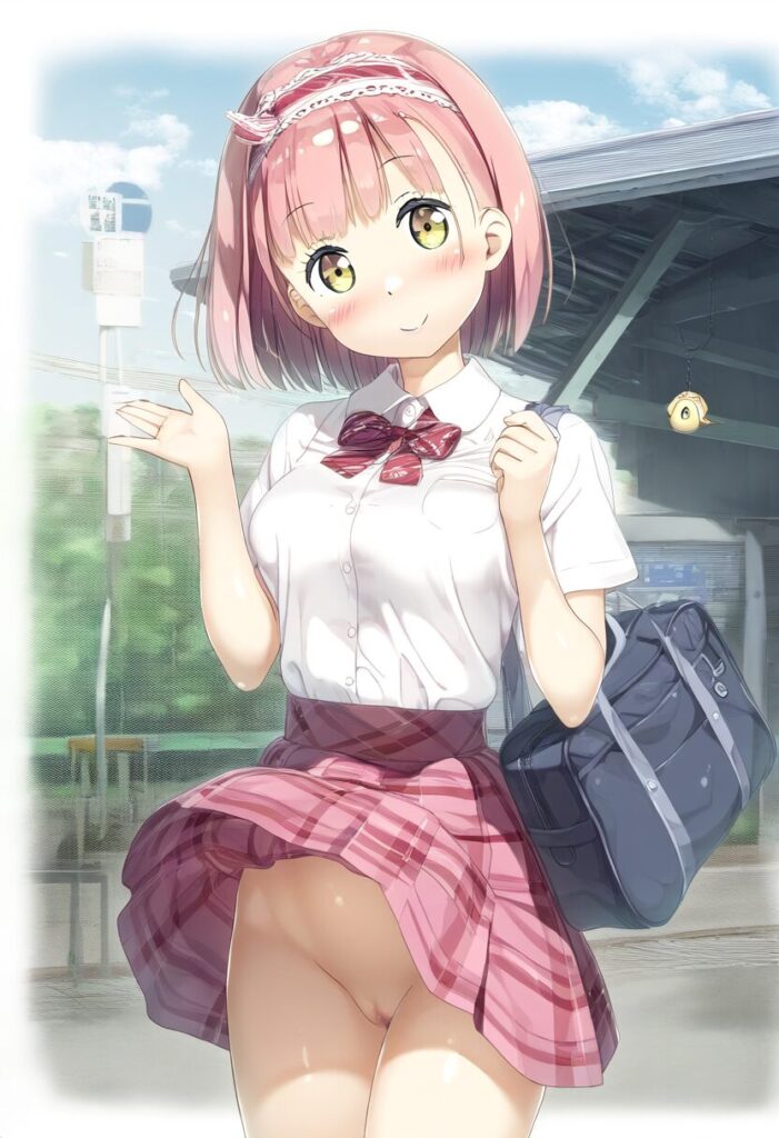 ショートのピンクヘア女の子はスカート捲れたらノーパンだった