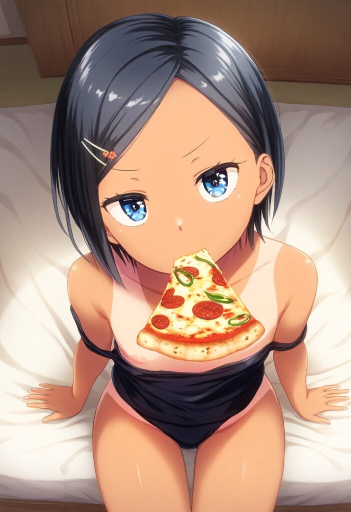 ピザに夢中なスポーツ少女