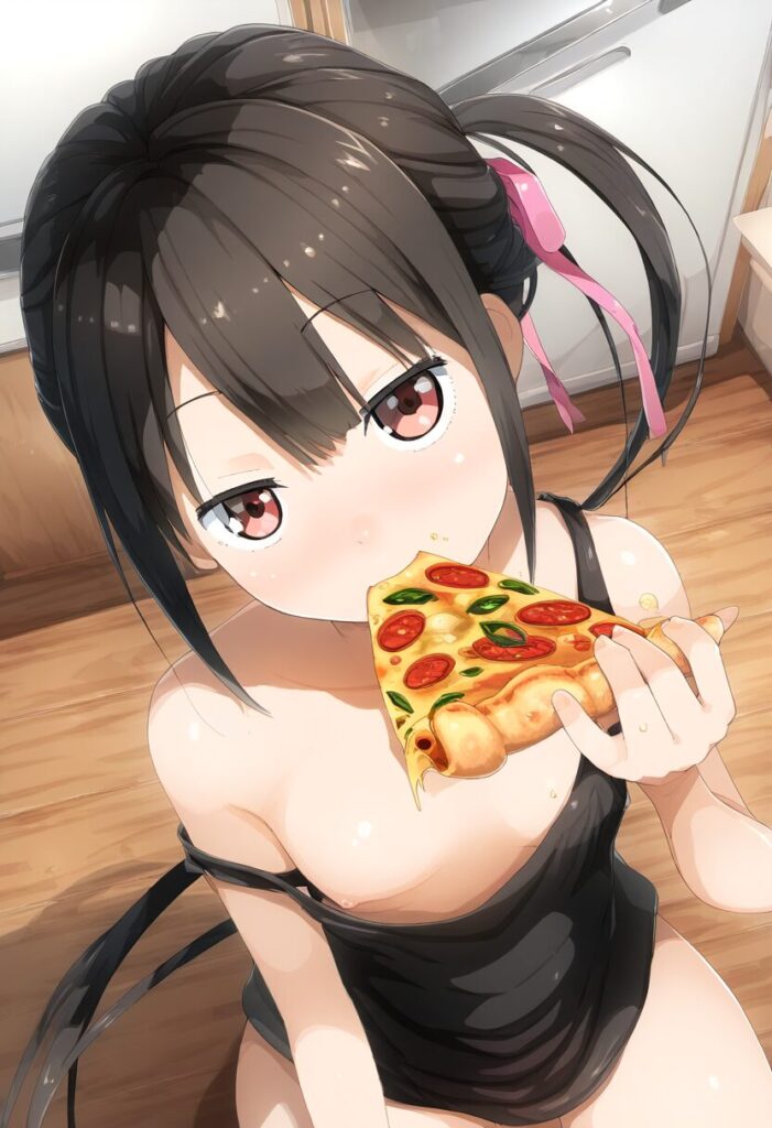 ピザに夢中なポニテ女子