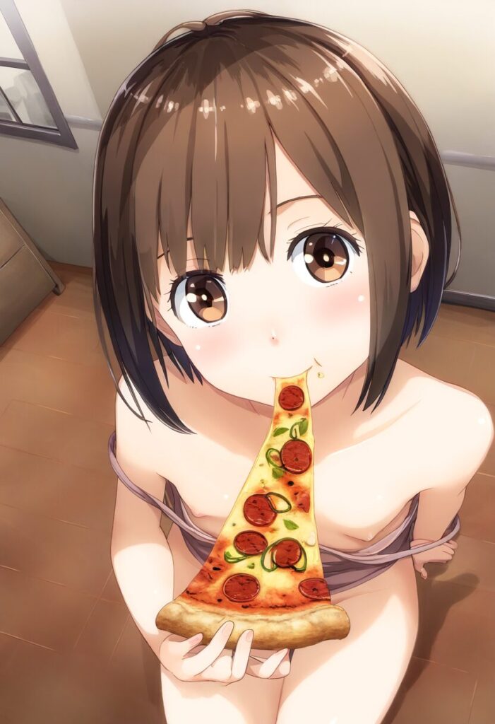 ピザに夢中なショートボブな茶髪の女の子