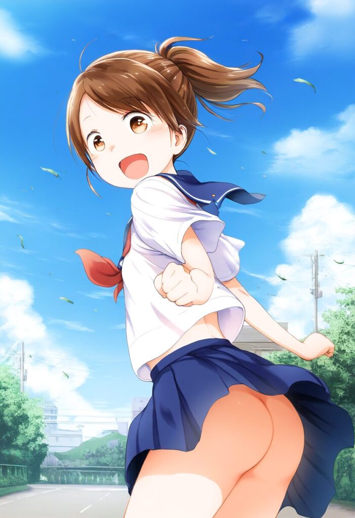 ポニテ女子はお尻見えてるのに笑顔