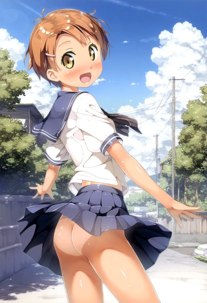 茶髪ウェービーヘアー女の子はお尻丸見え