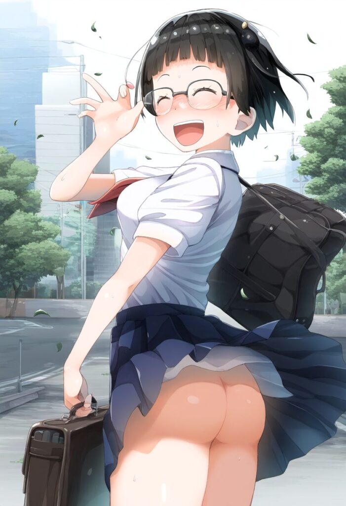 メガネ女子はお尻見えてるのに笑顔