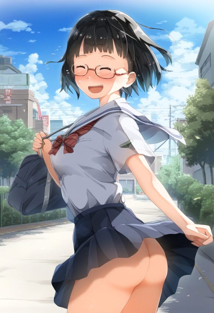 風が吹いたらノーパンでお尻見えてる黒髪短髪眼鏡女子