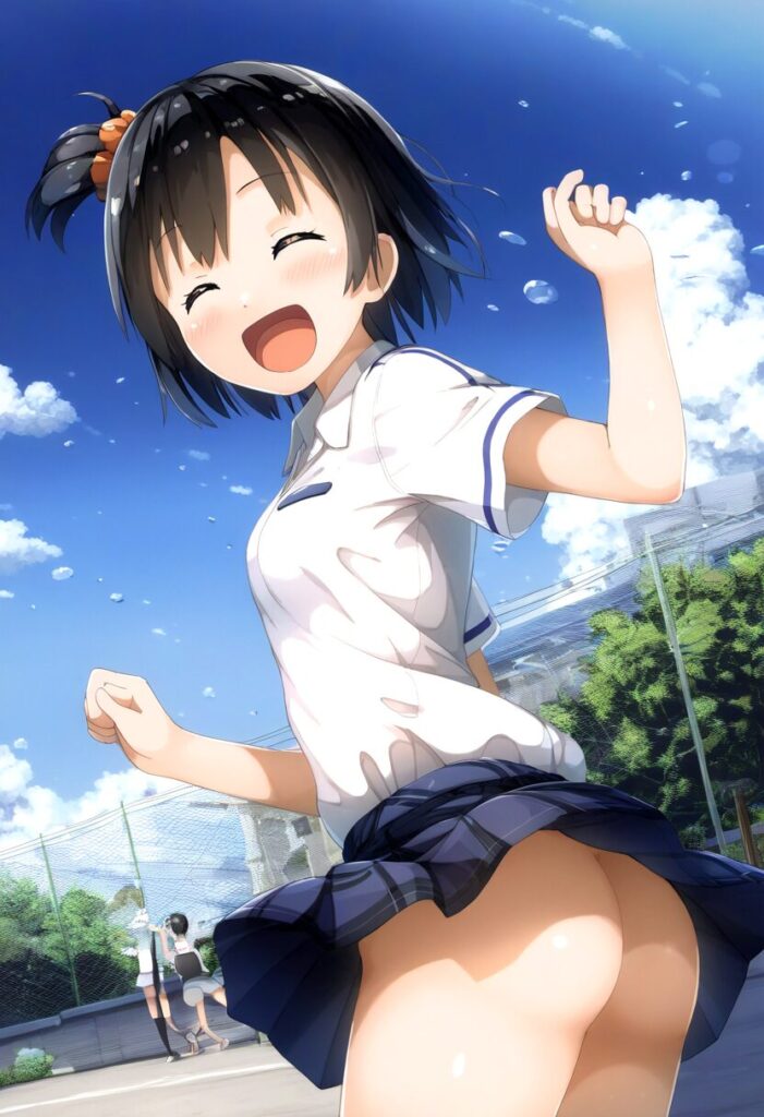 短髪で可愛い女子はお尻見えてるのに笑顔