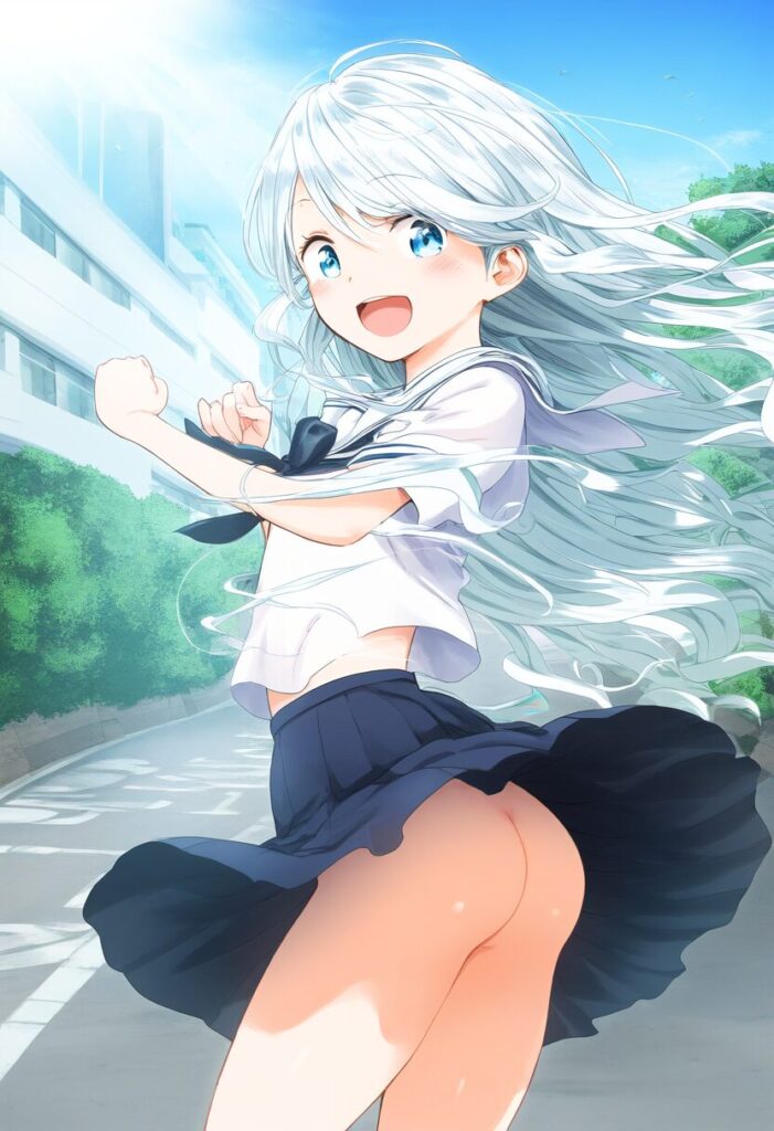 風が吹いたらノーパンでお尻見えてる可愛い銀髪女子
