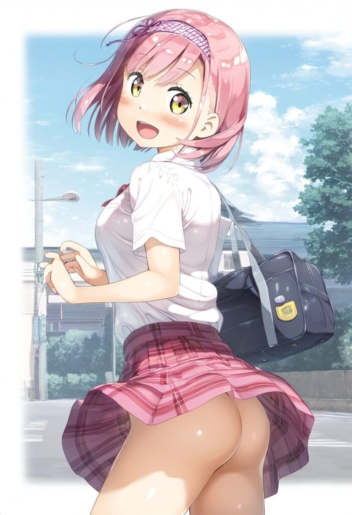 ショートのピンクヘア女子はお尻丸見え