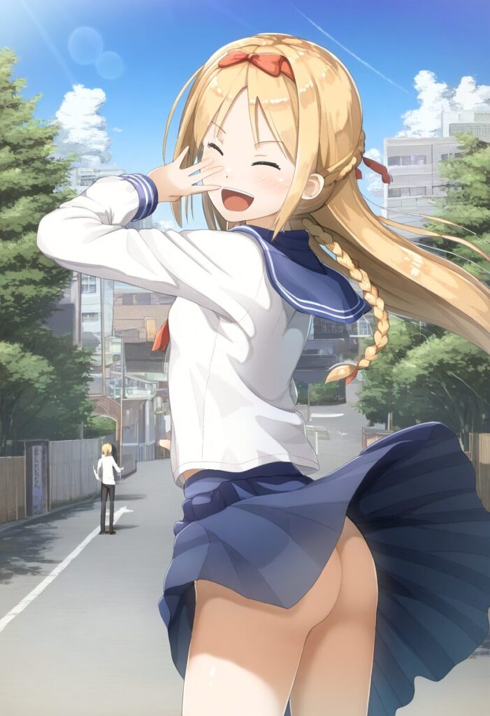 お尻見えてるのに笑顔な金髪の女の子