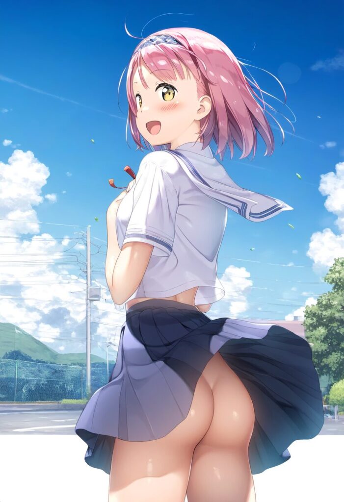 ピンクのショートヘア女子はお尻見えてるのに笑顔