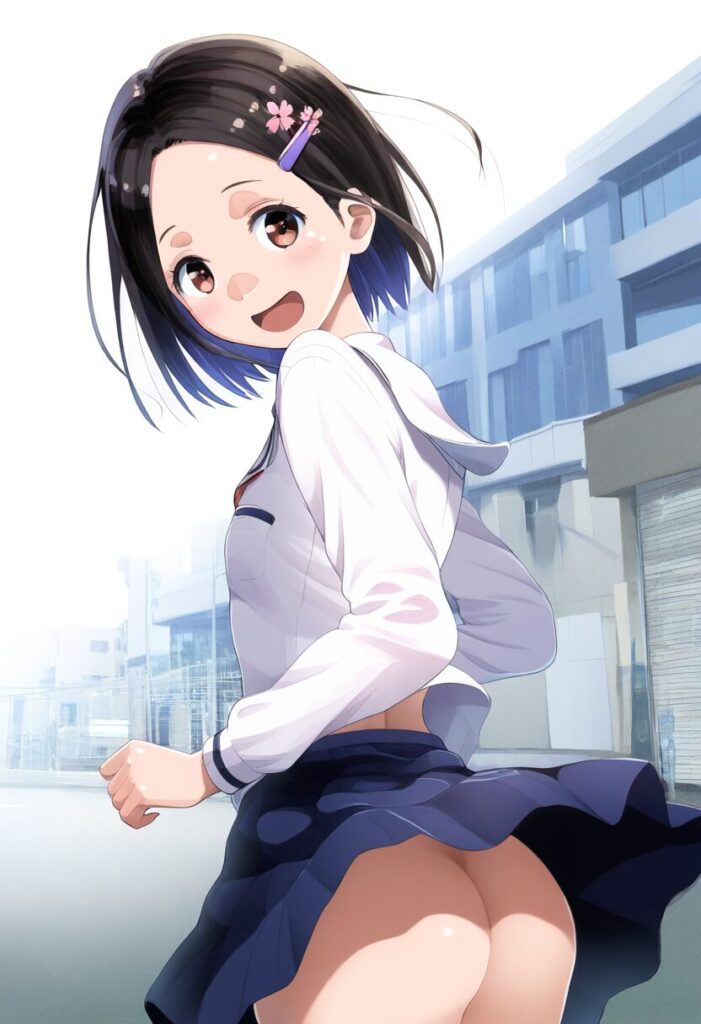 お尻見えてるのに笑顔なぱっつん黒髪委員長