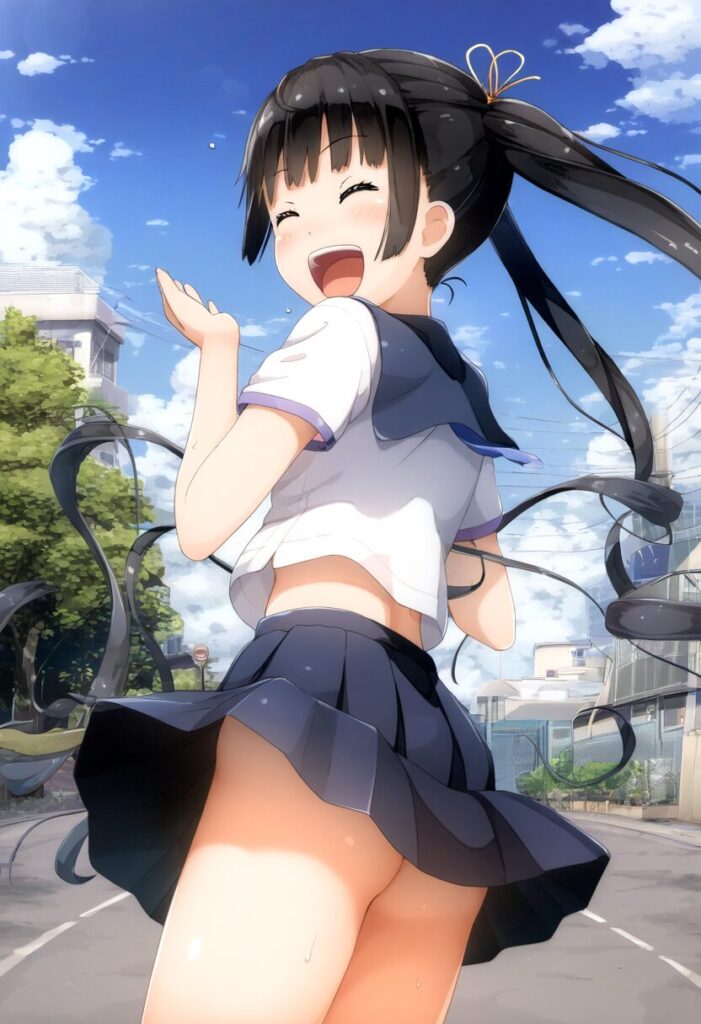 お尻見えてるのに笑顔な黒髪ツインテ女子