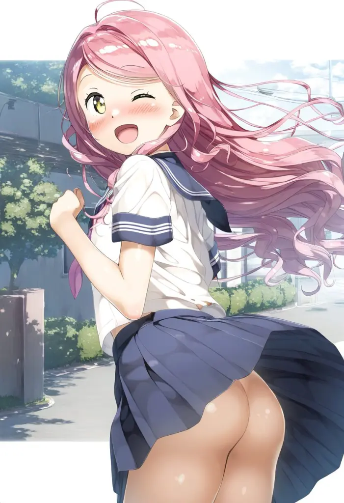 ピンクな髪の女の子はお尻丸見え