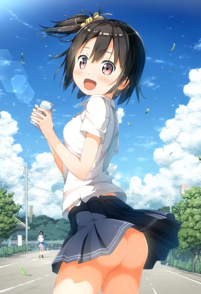 お尻見えてるのに笑顔な元気が取り柄の彼女