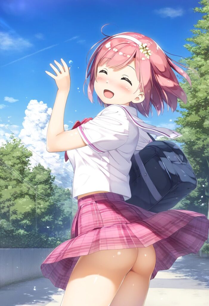 お尻丸見えなピンクのショートヘア女の子