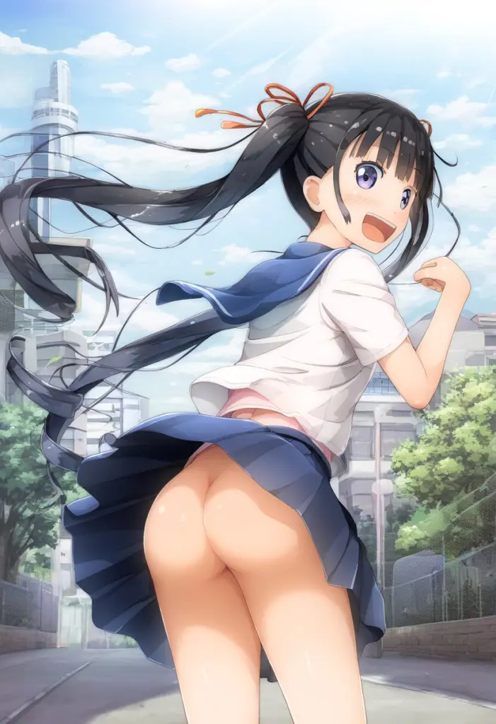 黒髪ツインテ女子はお尻見えてるのに笑顔