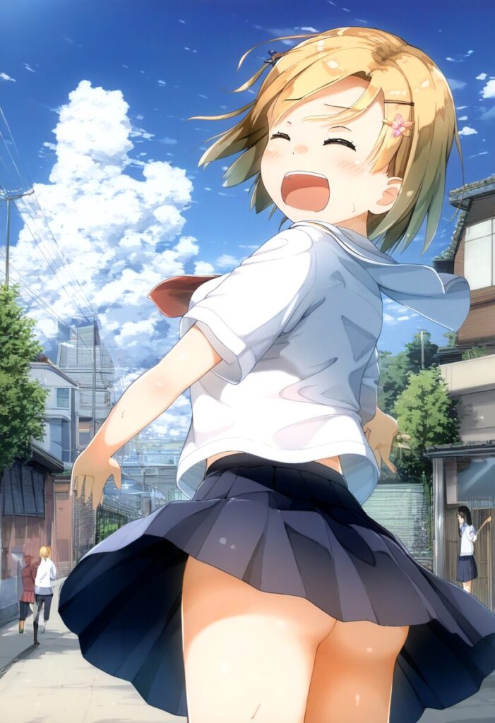 ショートヘアが似合う金髪女子は風が吹いたらノーパンでお尻見えてる