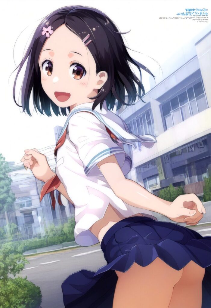 お尻丸見えな黒髪ぱっつんな女の子