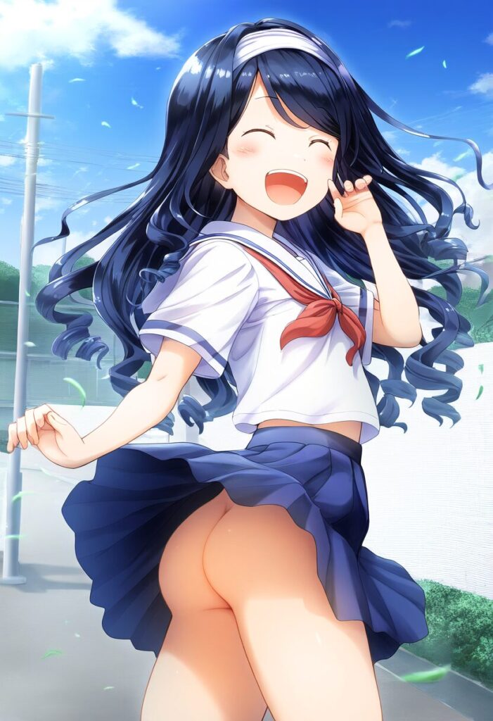 ヘアバンドの女子はお尻見えてるのに笑顔