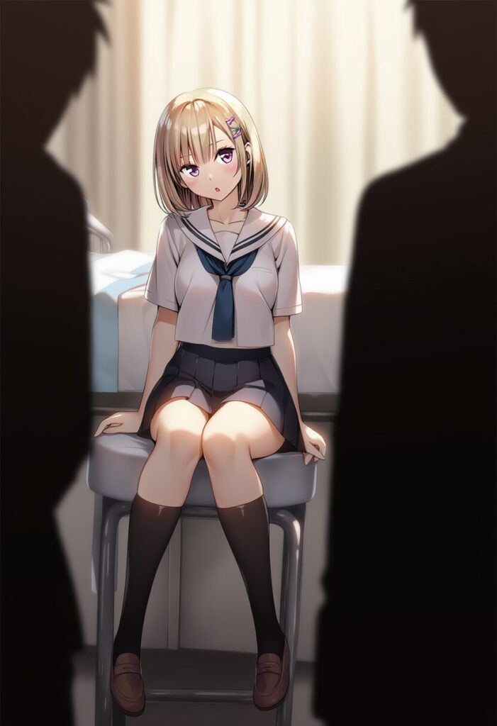 ショートヘアが似合う金髪女子が保健室で座っている