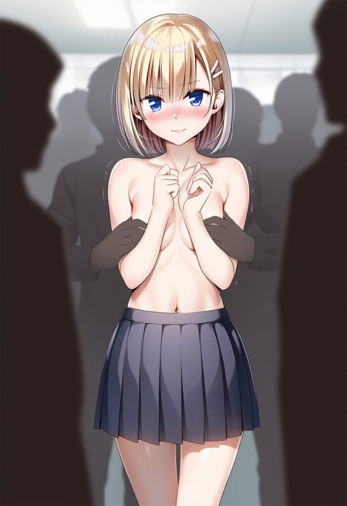 活発な金髪女子はおっぱい隠していたのに剥がされそう