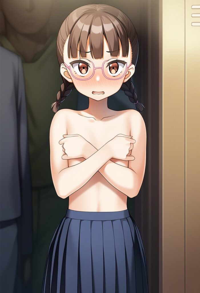 メガネおさげ女子はロッカールームで男たちに囲まれたところでトップレス。とりあえずおっぱい隠して恥ずかしがる。