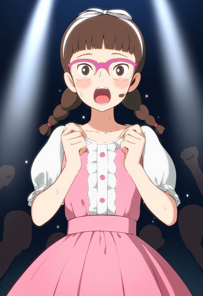 アイドルのメガネおさげ女子は、ステージに登ってきたファンたちに慌てふためく