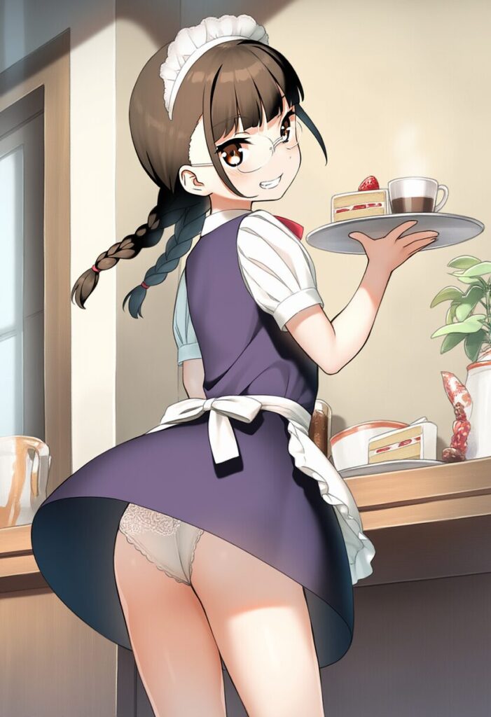 メガネおさげ女子メイド姿で働いている。