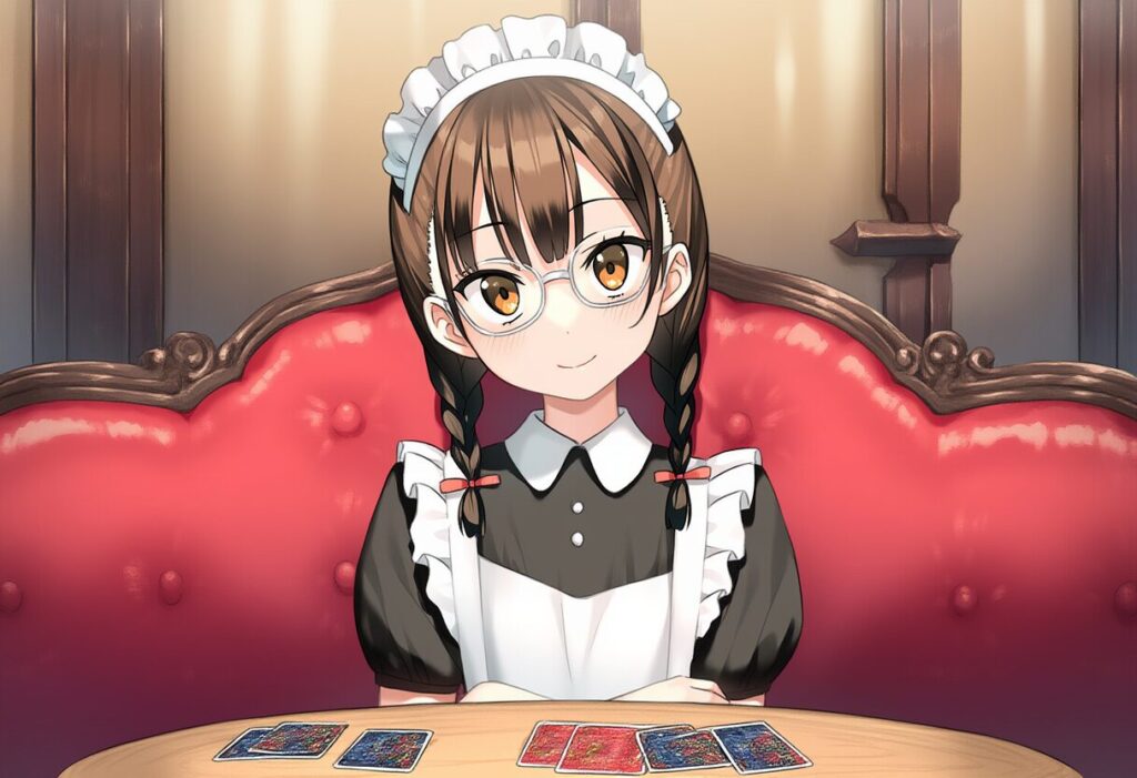 メガネおさげ女子はメイド姿でトランプに付き合うのもお仕事