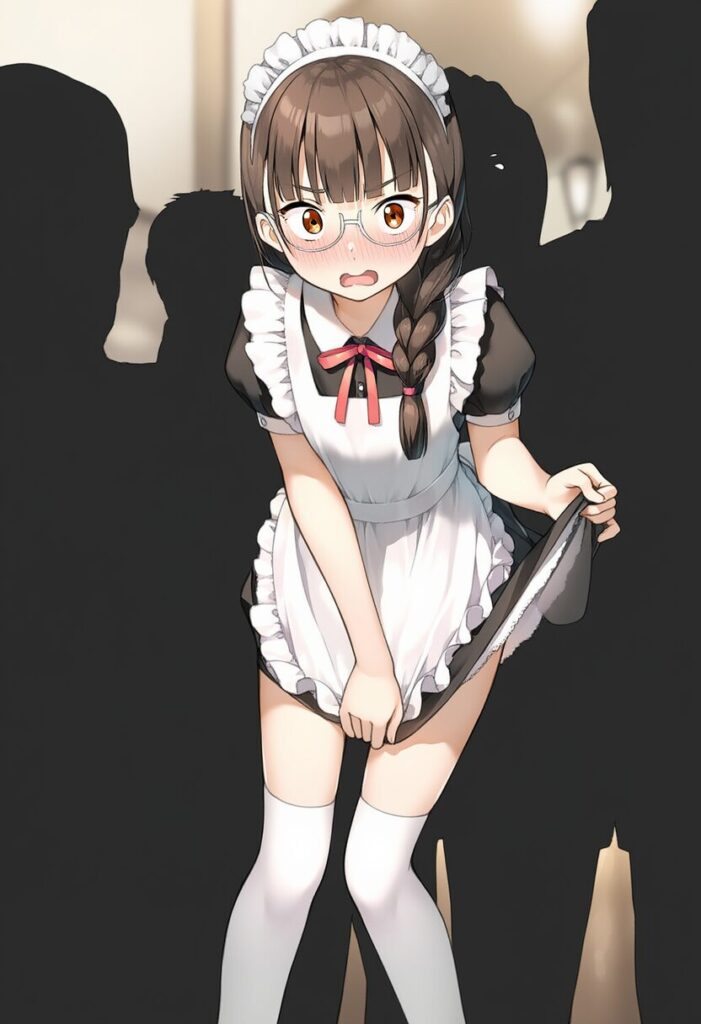 メイド姿のメガネおさげ女子は本当に脱いだのか確認されようとしている